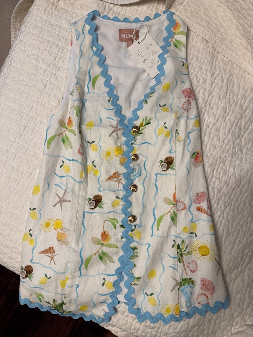 Show Me Your MuMu White Coastal Print Vest with Blue Rickrack
